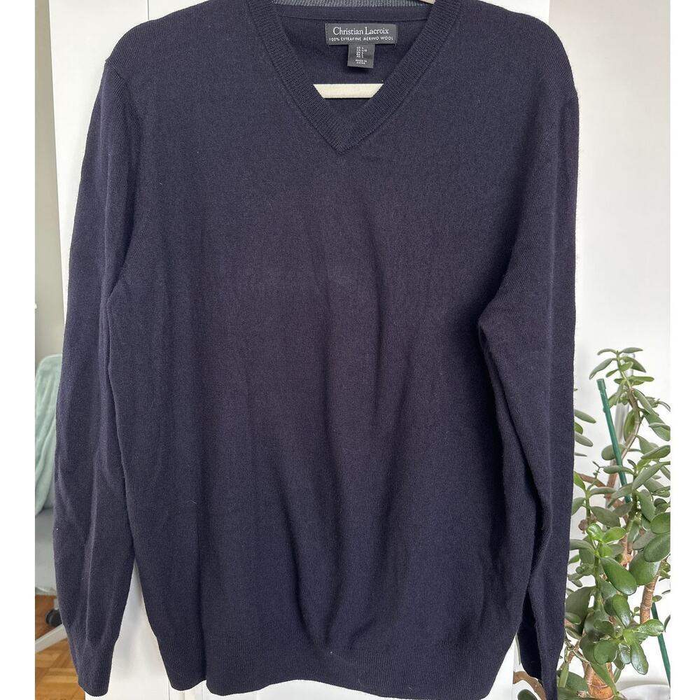 Christian Lacroix Men's 100% Fine Merino Wool Navy V-Neck Sweater, Size L, EUC